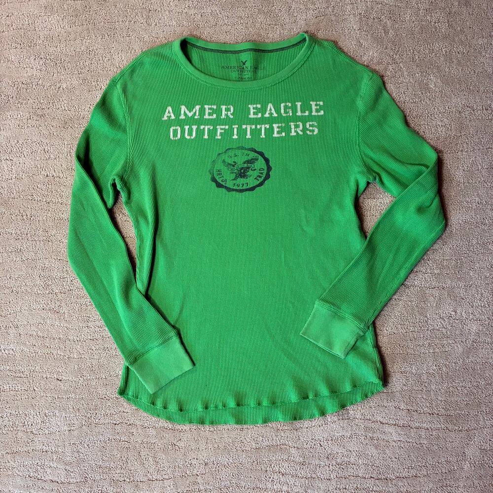 Y2K American Eagle Men’s M Green Waffle Knit Thermal Graphic Long Sleeve Skater